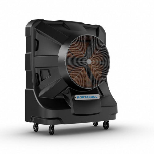 Portacool Apex 4000 Evaporative Cooler angled side view showing casters and fan