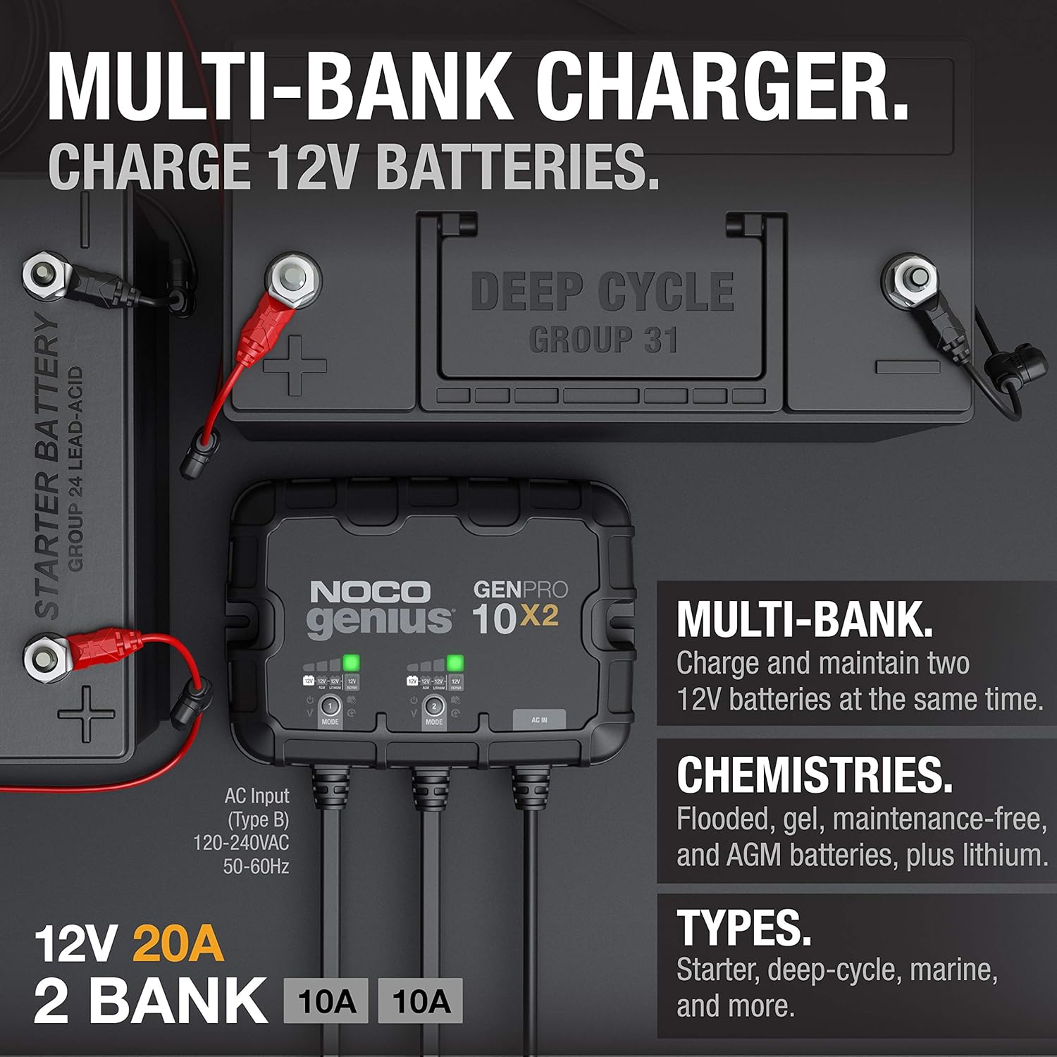 NOCO GENPRO10X2 12V 2-Bank, 20-Amp On-Board Battery Charger