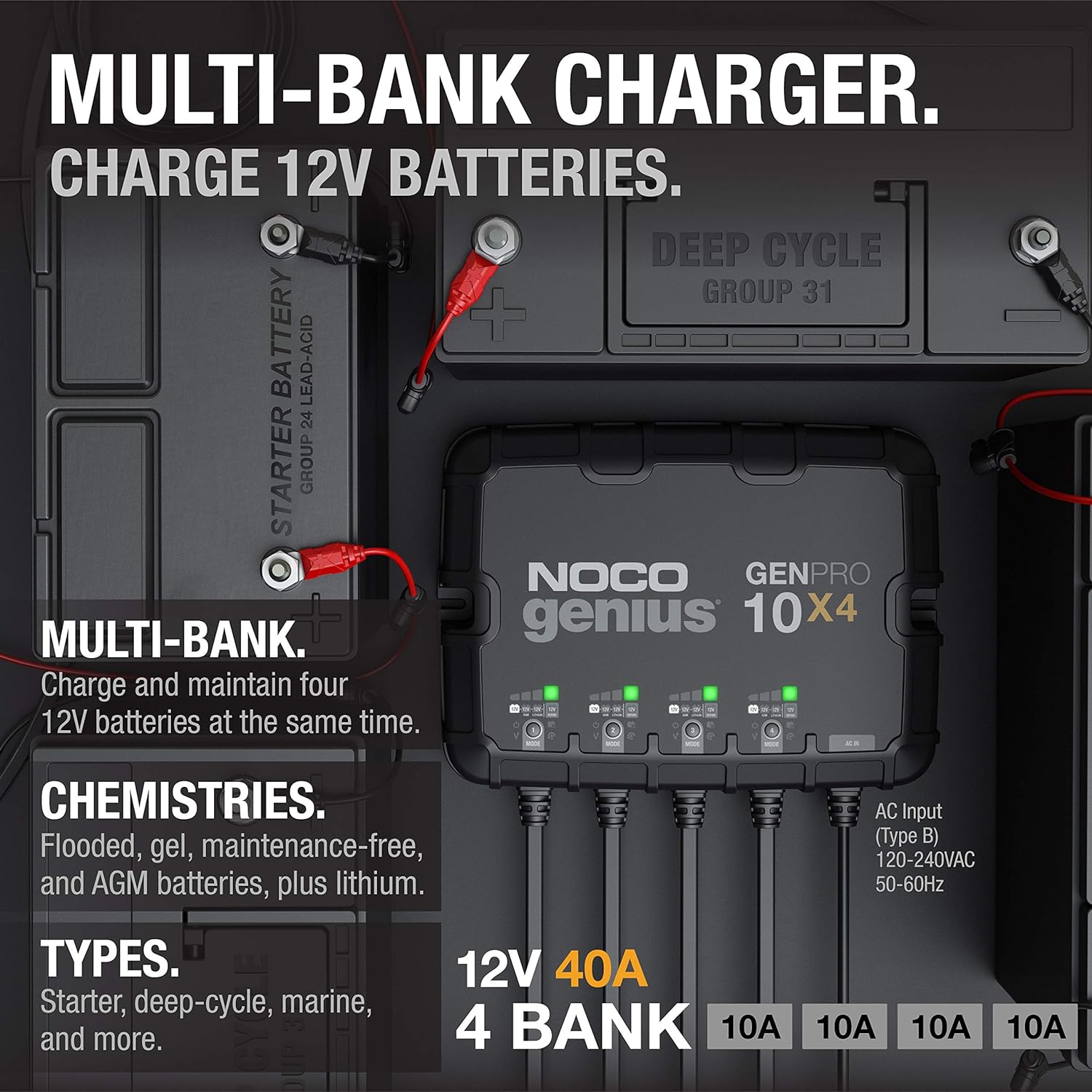 NOCO GENPRO10X4 12V 4-Bank, 40-Amp On-Board Battery Charger