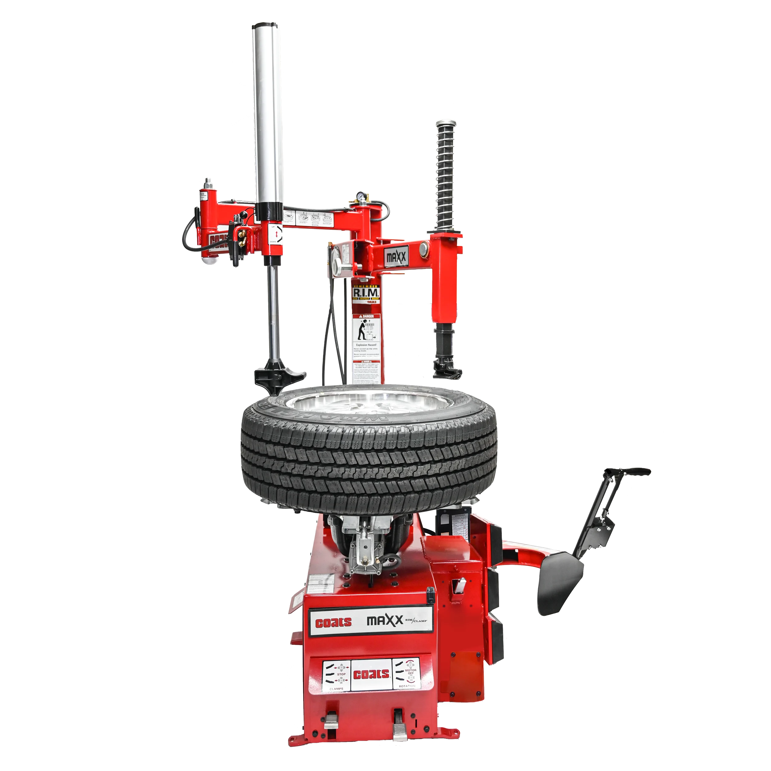 Coats Maxx 70 Rim Clamp Tire Changer Machine full front view with tire mounted
