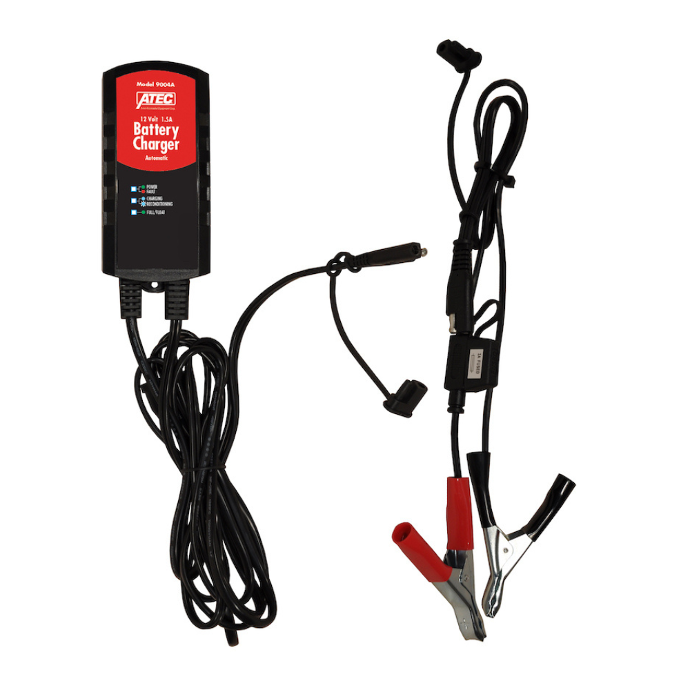 Associated Equipment 9004A ATEC SWITCH MODE AUTOMATIC 1.5 AMP BATTERY CHARGER, CEC, 12V 1500mA