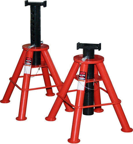Norco NRC-81209I 10-Ton Medium Height Pin-Type Jack Stands Pair, red four-legged stands with adjustable height columns