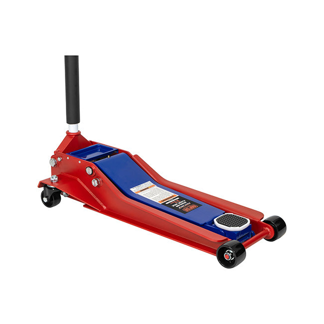 Norco 71340 3-Ton High/Low Floor Jack in red and blue with foam-sleeved handle