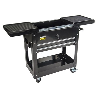 Omega Pro 97431 Tool Cart 350 Lb Capacity in black powder-coat finish with 2 drawers, sliding top, and 4-inch casters