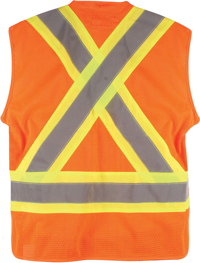 PIP Dynamic TSV2OG1845X CSA Appr. Polyester Traffic Vest, Hi-Vis Orange, 4" Wide 360° Hrz. Stripes, 2 Vrt. Stripes, X in Back  4XL/5XL - MPR Tools & Equipment