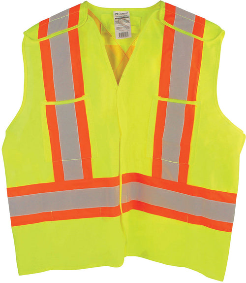 PIP Dynamic TSV2YG1945XL CSA Appr. Polyester Traffic Vest, Hi-Vis Yellow-Green, 4" Wide 360° Hrz Stripes, 2 Vrt Stripes, X in Back  4XL/5XL - MPR Tools & Equipment