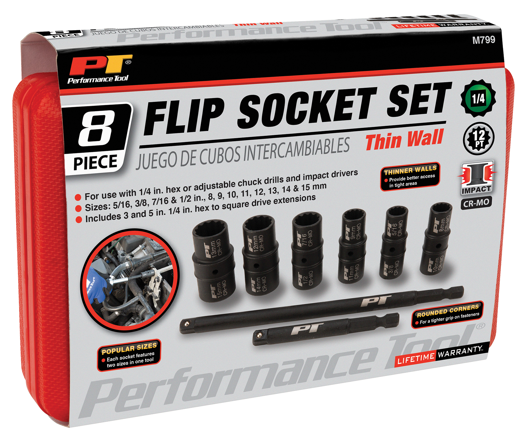 Performance Tools PTM799 8Pc 1/4 Drive Flip Socket Set - MPR Tools & Equipment