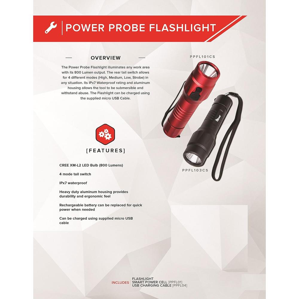 Power Probe PPFL103CS Diagnostic Car Test Tool, 800 Lumens LED Bulb, 4 Mode Tail Switch, Waterproof (Black)