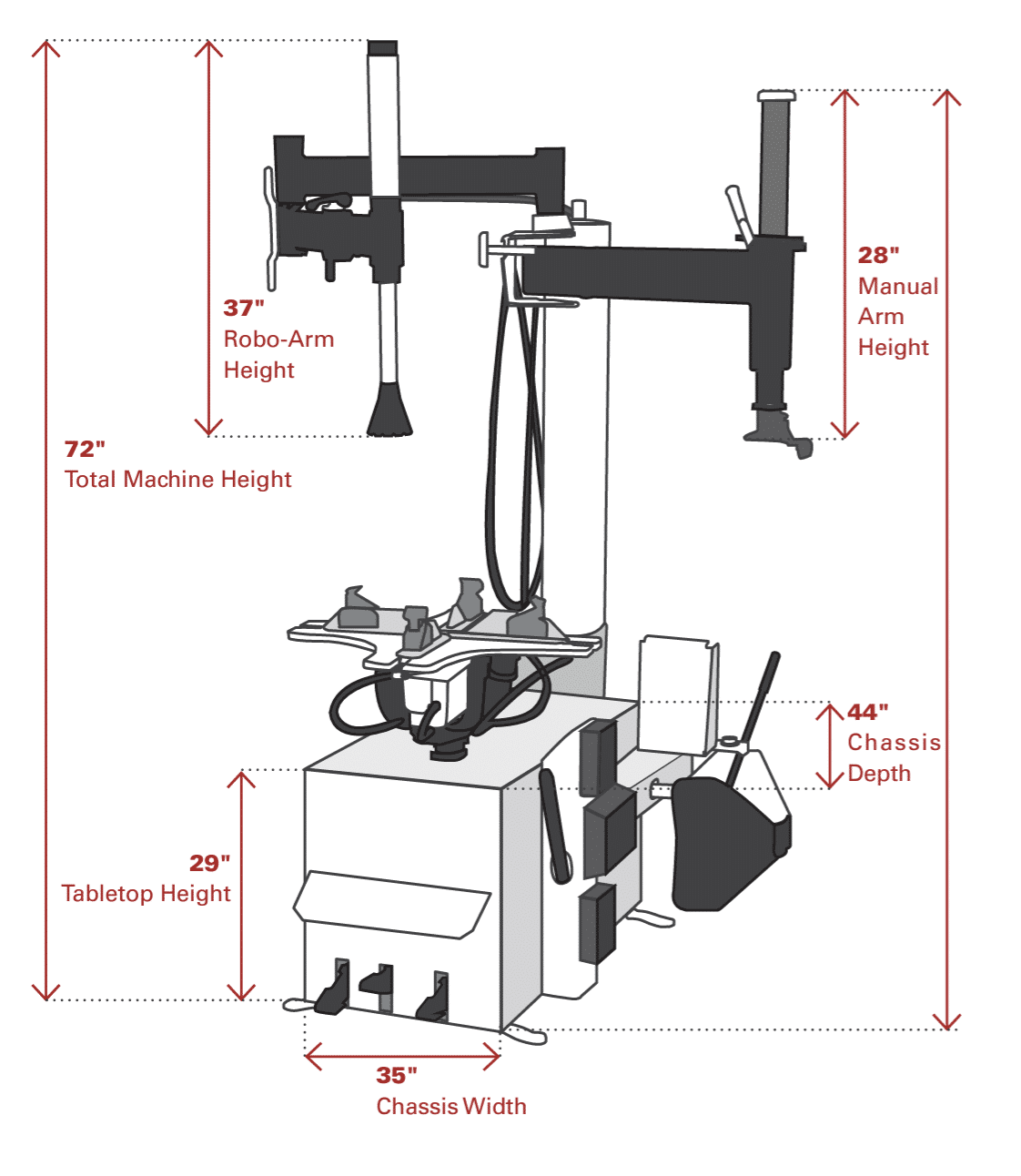 Coats RC-55 footprint dimensions diagram showing 72in height, 35in chassis width, and 44in chassis depth