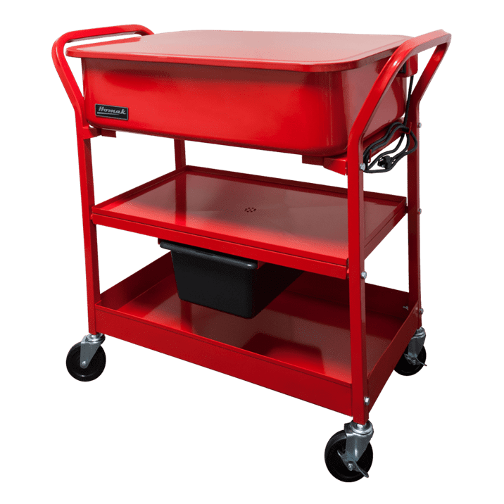 Homak RD00820290 20 Gallon Portable Parts Washer closed view, red steel cart on casters with two bottom shelves and liquid recovery bin