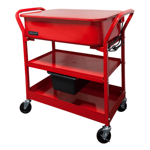 Homak RD00820290 20 Gallon Portable Parts Washer closed view, red steel cart on casters with two bottom shelves and liquid recovery bin