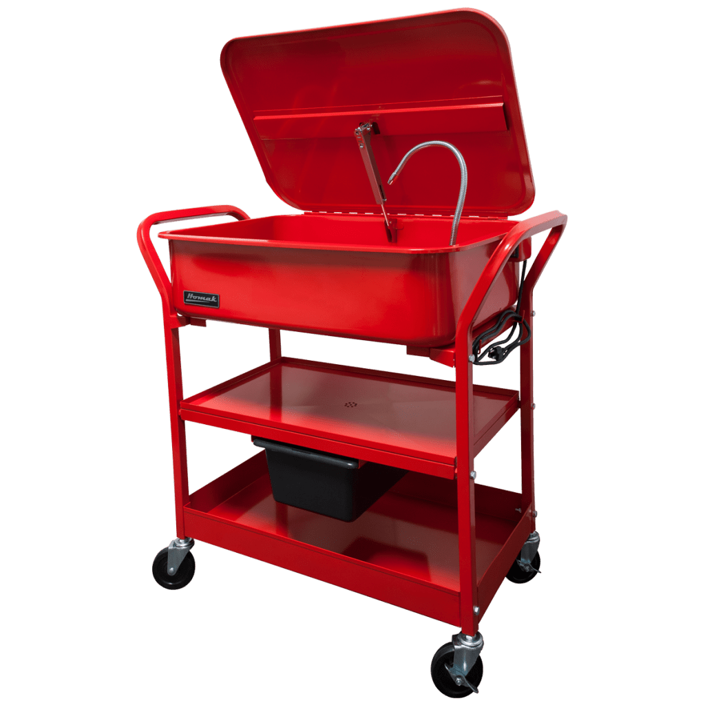 Homak RD00820290 20 Gallon Portable Parts Washer open view showing wash basin, flexible nozzle, and fusible linked lid arm hinge