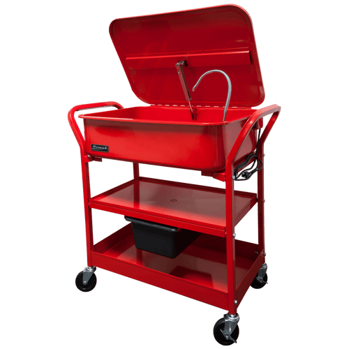 Homak RD00820290 20 Gallon Portable Parts Washer open view showing wash basin, flexible nozzle, and fusible linked lid arm hinge