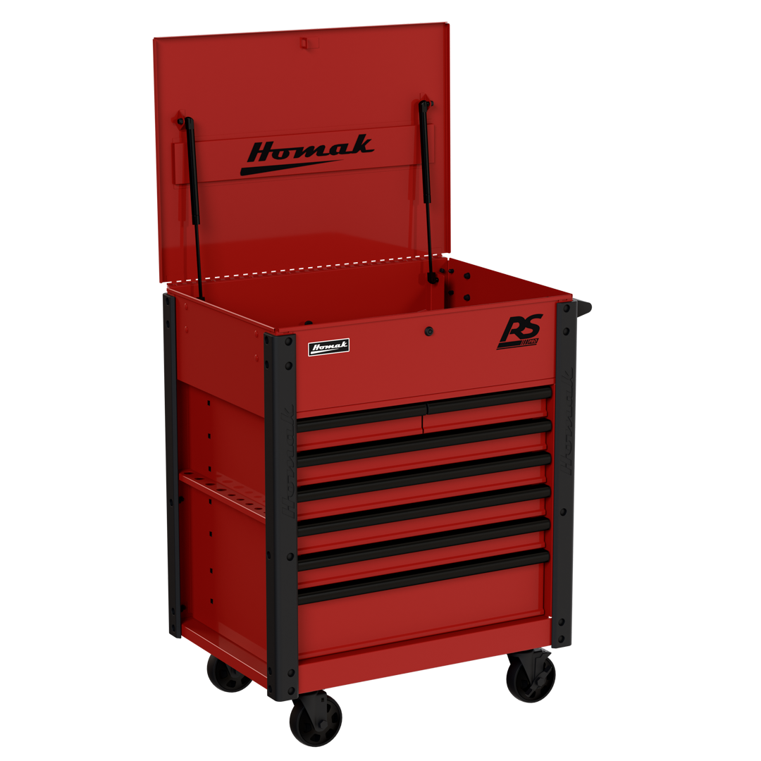 Homak RS Pro 7-Drawer Service Cart in Fury Red, open lid 30-degree view showing ball-bearing drawers