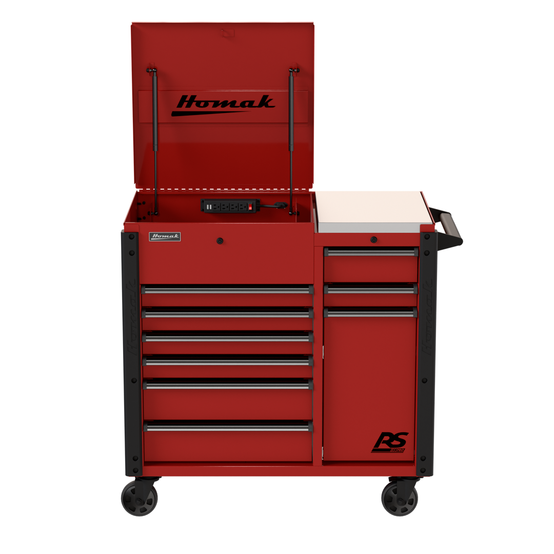 Homak RD06044090 RS Pro 44in 9-Drawer Flip Top Power Service Cart in Fury Red, straight front view with lid open and power strip visible
