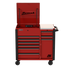 Homak RD06044090 RS Pro 44in 9-Drawer Flip Top Power Service Cart in Fury Red, straight front view with lid open and power strip visible