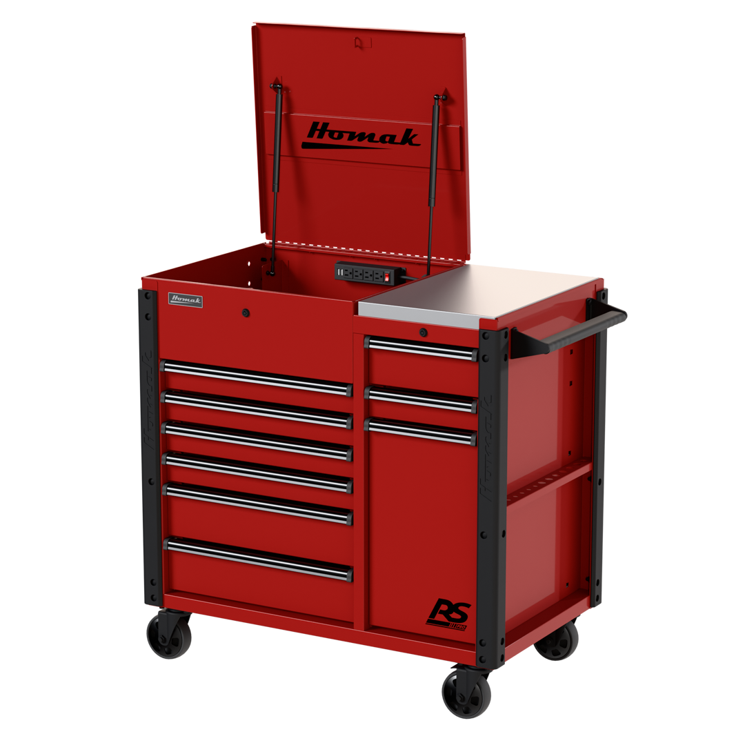 Homak RD06044090 RS Pro 44in 9-Drawer Flip Top Power Service Cart in Fury Red, 3/4 view with lid open showing power strip and stainless worksurface