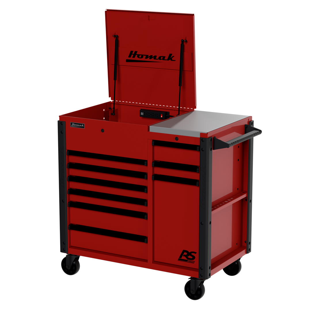 Homak RS Pro 44in 9-Drawer Flip Top Power Service Cart in Fury Red, 3/4 angle view with lid open, updated drawer pull styling