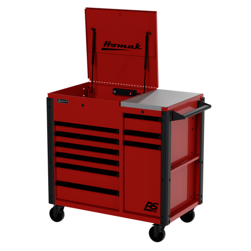 Homak RS Pro 44in 9-Drawer Flip Top Power Service Cart in Fury Red, 3/4 angle view with lid open, updated drawer pull styling