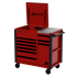 Homak RS Pro 44in 9-Drawer Flip Top Power Service Cart in Fury Red, 3/4 angle view with lid open, updated drawer pull styling