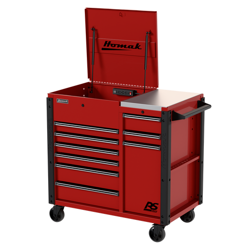 Homak BK06044090 44" RS Pro 9-Drawer Flip Top Power Service Cart in Fury Red, angled view with lid open showing workstation
