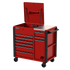 Homak RD06044090 RS Pro 44in 9-Drawer Flip Top Power Service Cart in Fury Red, 3/4 view with lid open showing power strip and stainless worksurface