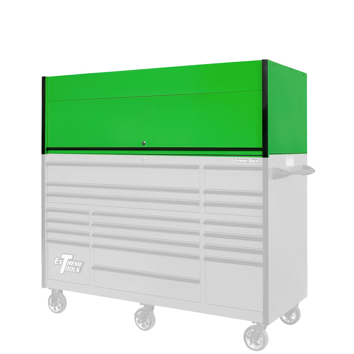 Extreme Tools RX Series Professional Hutch in Green/Black closed mounted on roller cabinet