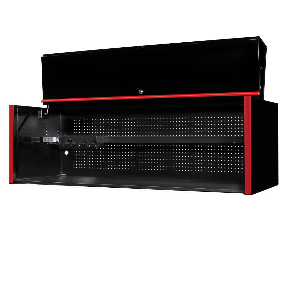 Extreme Tools RX722501HCBKRD 72x25In Professional Hutch Black/Red open side view showing pegboard and power strip