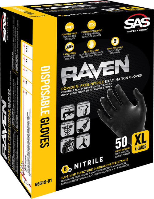 SAS Safety 66519 RAVEN POWDER-FREE NITRILE GLOVES, 100 GLOVES/BOX - X-LARGE - MPR Tools & Equipment