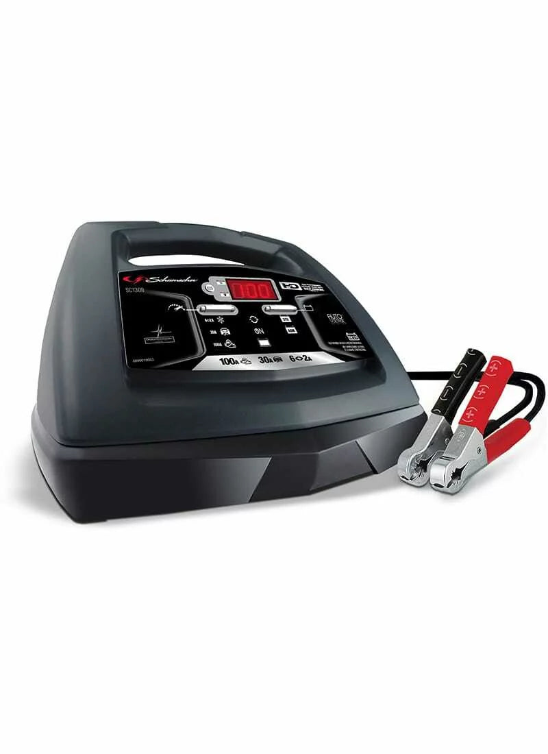 Schumacher Electric SC1308 100A 6V/12V Fully Automatic Battery Charger and Engine Starter with digital display and color-coded alligator clamps