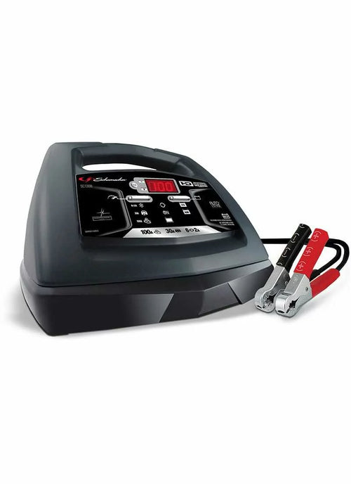 Schumacher Electric SC1308 100A 6V/12V Fully Automatic Battery Charger and Engine Starter with digital display and color-coded alligator clamps