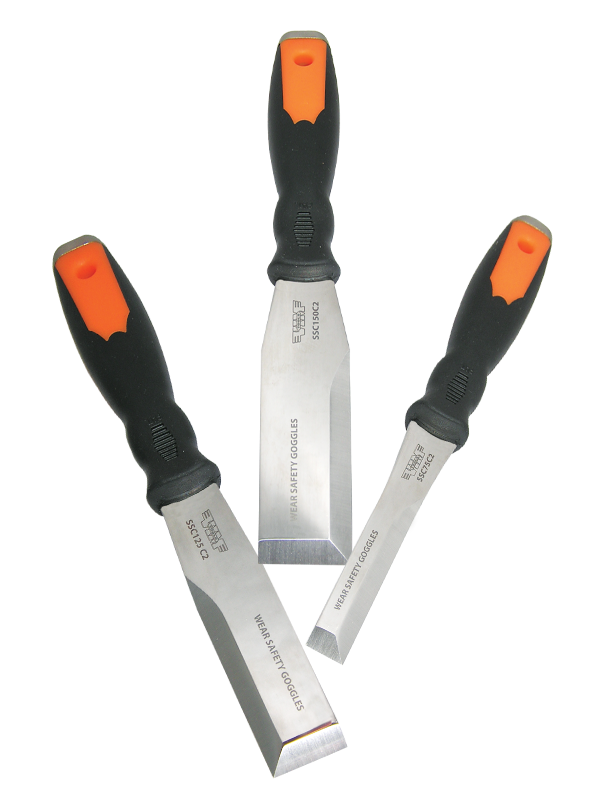 VIM Tools SSC100 3-piece dual bevel striking scraper set with stainless steel blades and black and orange handles