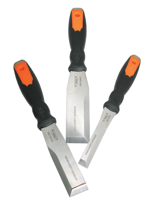 VIM Tools SSC100 3-piece dual bevel striking scraper set with stainless steel blades and black and orange handles