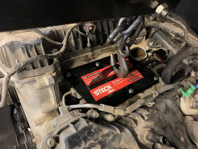 Steck STC50133 ENGINEOUT Engine Lift Plate installed on Ford EcoBoost engine during removal