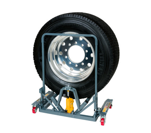 Gaither Tool Y471106 SAFERGO Truck Wheel Dolly holding a mounted truck tire on dolly frame