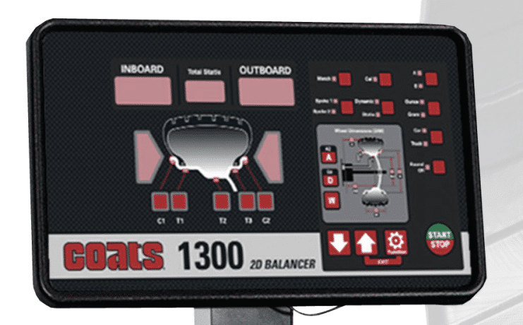 Coats 1300 2D Balancer LED control panel showing Inboard, Total Static, and Outboard displays