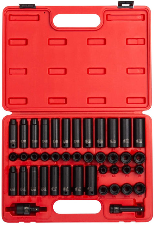 Sunex 3342, 3/8 Inch Drive Master Impact Socket Set, 42-Piece, SAE/Metric, 5/16 Inch - 3/4 Inch, 8mm - 19mm, Standard/Deep, Cr-Mo Alloy Steel, Radius Corner Design, Chamfered Opening, Dual Size Markings, Heavy Duty Storage Case, Meets ANSI Standards, Incl - MPR Tools & Equipment