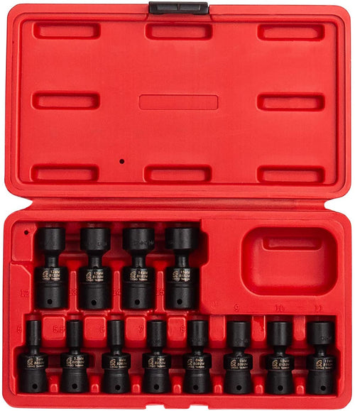 Sunex Tools 1814 1/4 in. Drive Universal Impact Socket Set, 12 pieces, Metric, 5mm - 15mm, Cr-Mo Steel, Radius Corner Design, Chamfered Opening, Dual Size Markings, Heavy Duty Storage Case - MPR Tools & Equipment