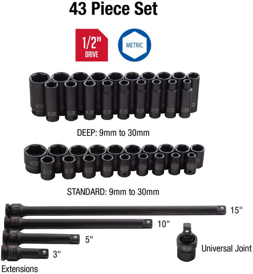 Sunex Tools 2569 43pc 1/2" Drive Metric Master Impact Socket Set - MPR Tools & Equipment