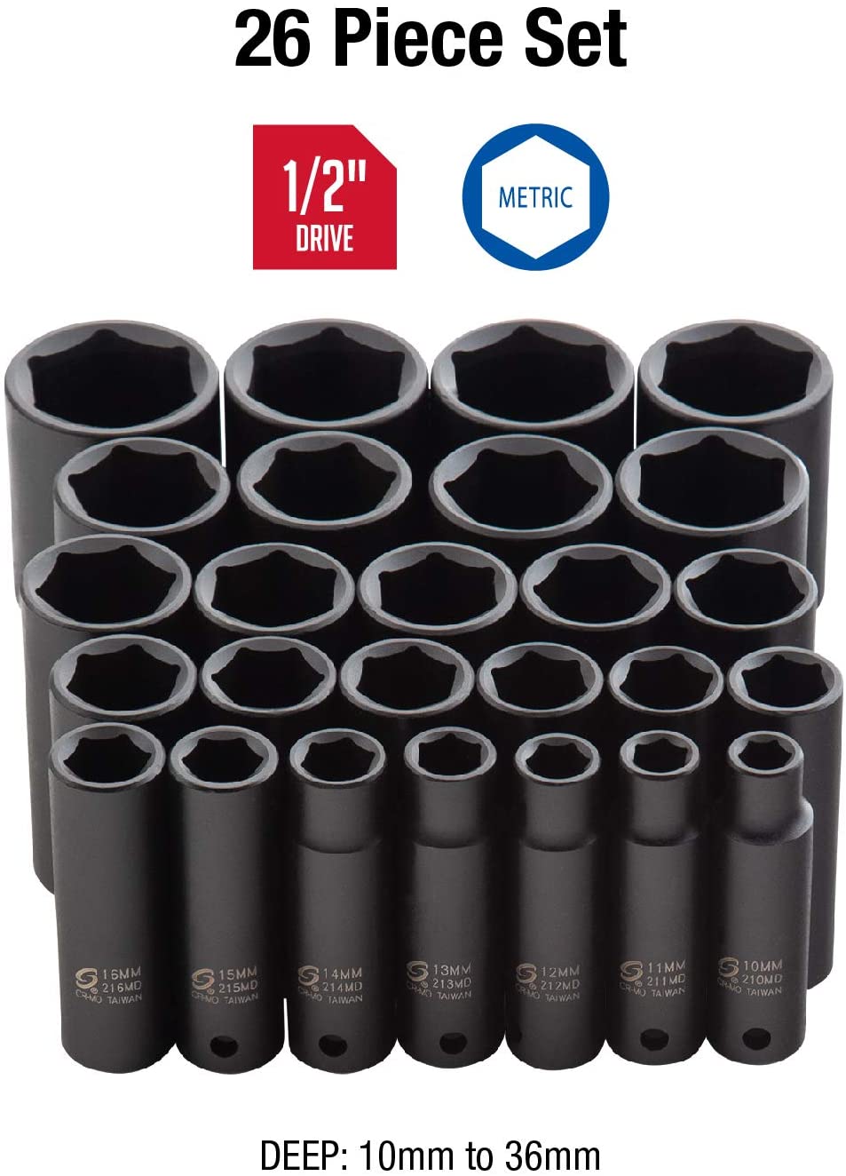 Sunex Tools 2646 1/2 in. Drive Metric Impact Socket Set, 26 pieces - MPR Tools & Equipment