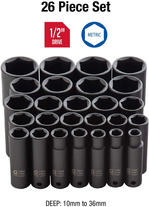 Sunex Tools 2646 1/2 in. Drive Metric Impact Socket Set, 26 pieces - MPR Tools & Equipment