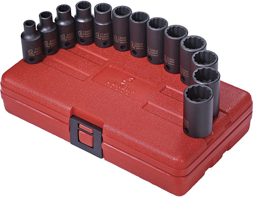 Sunex Tools 3338 3/8 in. Drive 12 Point Metric Semi-Deep Impact Socket Set, 13 pieces - MPR Tools & Equipment