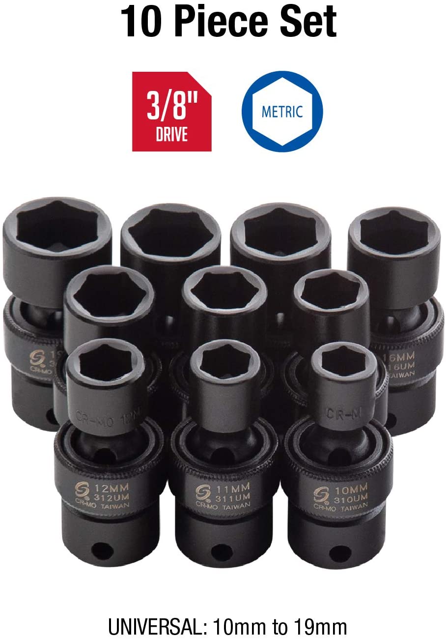 Sunex Tools 3657 3/8 in. Drive Universal Impact Socket Set, 10 pieces, Metric, 10mm - 19mm, Cr-Mo Alloy Steel, Radius Corner Design, Dual Size Markings, Heavy Duty Storage Case, Meets ANSI Standards - MPR Tools & Equipment