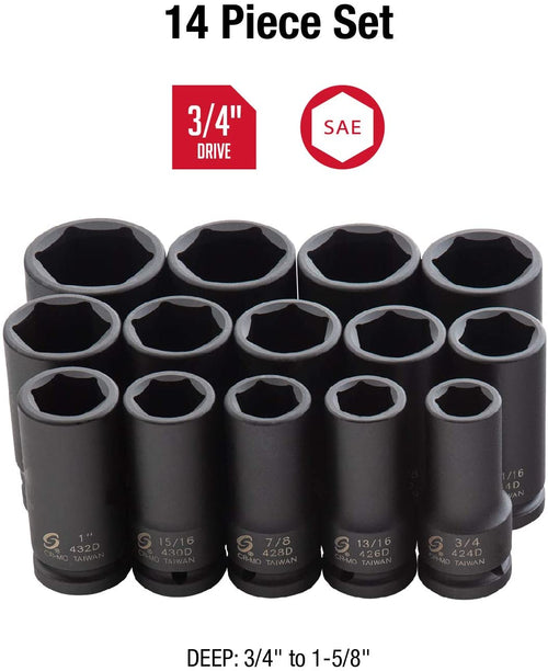 Sunex Tools 4638 3/4 in. Drive Deep Impact Socket Set, 14 pieces, SAE, 3/4" - 1-5/8", Cr-Mo Alloy Steel, Radius Corner Design, Dual Size Markings, Heavy Duty Storage Case - MPR Tools & Equipment