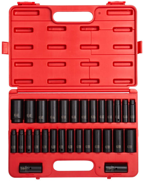 Sunex Tools 5153DD, 1/2 in. Drive Master Impact Socket Set, Double Deep, 29 pieces, SAE/Metric, 7/16" - 1-1/4", 10mm-27mm, Cr-Mo Steel, Radius Corner Design, Dual Size Markings, Heavy Duty Storage Case - MPR Tools & Equipment