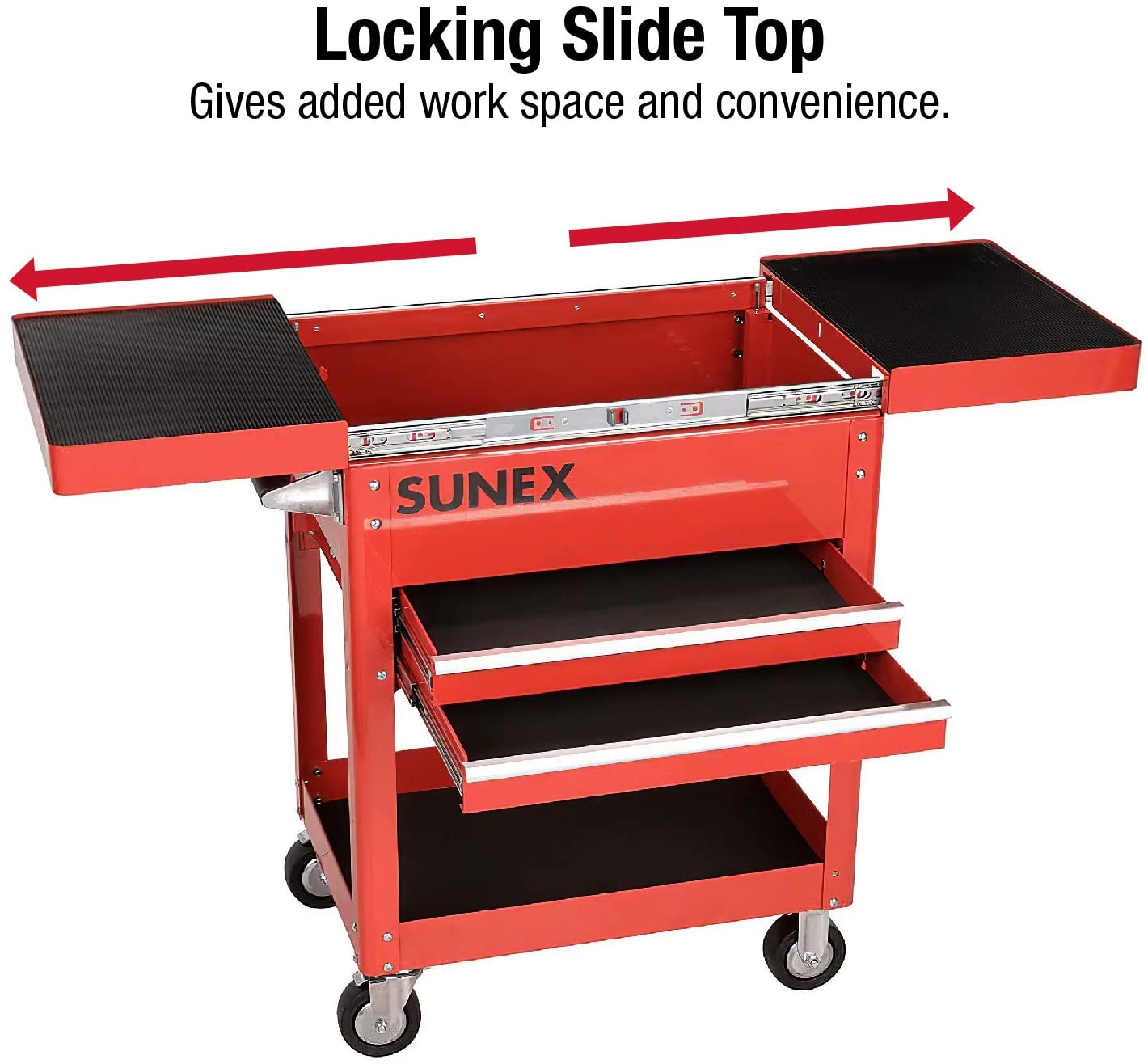 Sunex Tools 8035R Red Compact Slide Utility Cart, Locking Slide Top, Swivel/Locking Casters, 18 Gauge Steel, Latching Drawers, 450-Pound Capacity - MPR Tools & Equipment