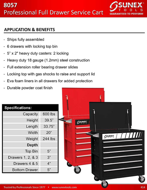 Sunex Tools 8057 Premium Full Drawer Service Red Cart - MPR Tools & Equipment