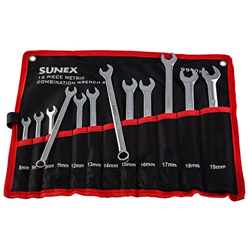 Sunex Tools 9917MA Metric V-Groove Combination Wrench Set, 8mm - 19mm, Fully Polished, 12-Piece (Includes Roll-Case) - MPR Tools & Equipment