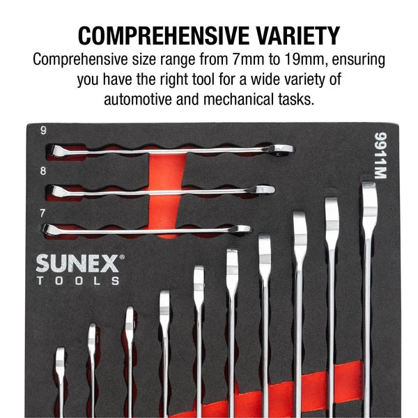 Sunex 9911M 13-Piece Metric V-Groove Combination Wrench Set in EVA Foam, 7mm-19mm