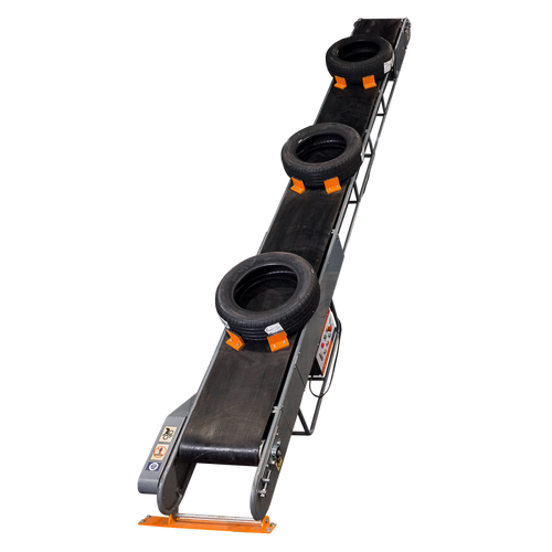 Martins Industries TC-15 15' Tire Conveyor with tires on the belt, angled product view on white background